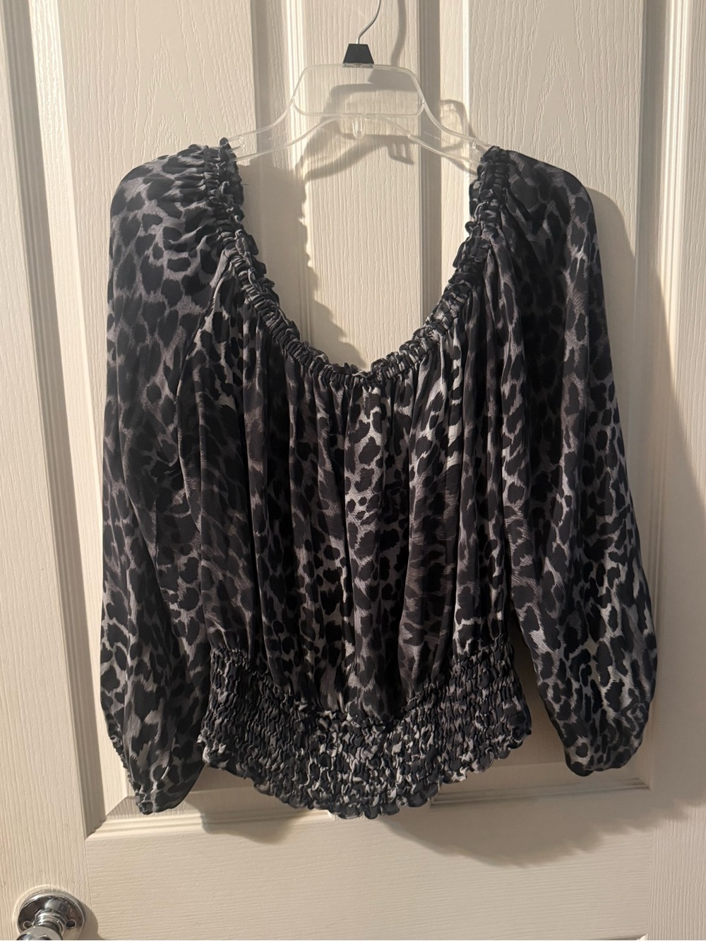 MICHAEL Michael Kors Black & Gray Animal Print Smocked-Hem Blouse